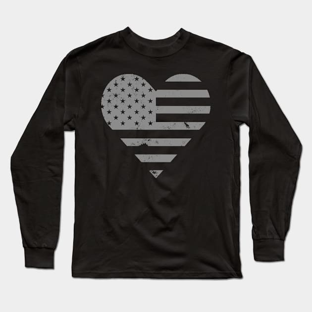 Gray Distressed American Heart Flag USA Patriotic - Heart Flag - 4th of July- I love USA - Gray Heart Flag Long Sleeve T-Shirt by DazzlingApparel
